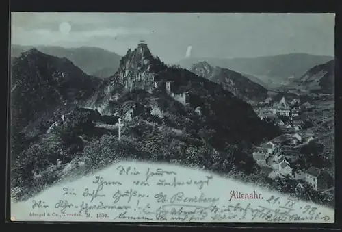 Mondschein-AK Altenahr, Ortsansicht aus der Vogelschau