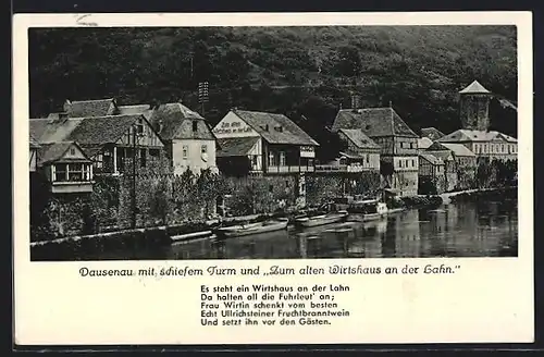 AK Dausenau, Gasthaus Zum alten Wirtshaus an der Lahn und Schiefer Turm, Spruch