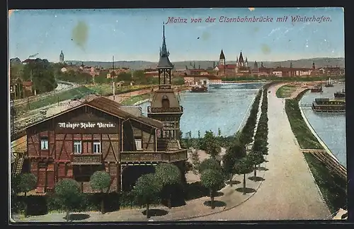 AK Mainz, Teilansicht von der Eisenbahnbrücke aus, Mainzer Ruder Verein