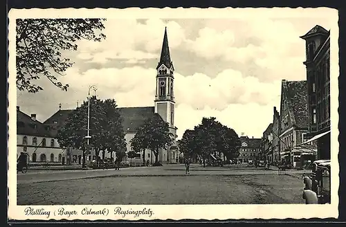 AK Plattling, Blick über den Preysingplatz mit Kirche