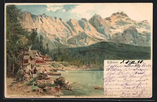 Lithographie Eibsee, Uferpartie mit Gebäuden