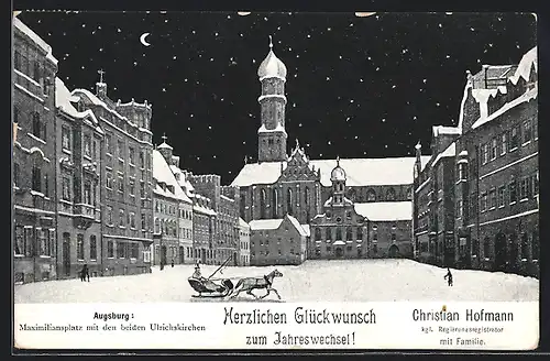 AK Augsburg, Maximilianplatz mit den beiden Ulrichskirchen in einer Winternacht