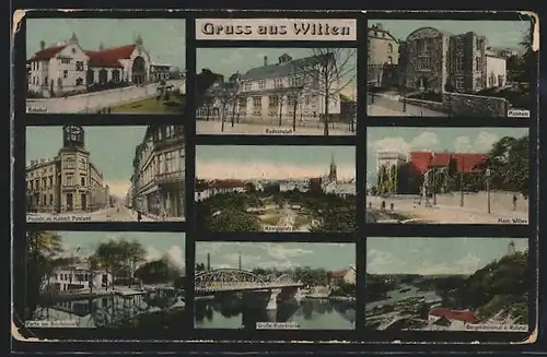 AK Witten, Bahnhof, Poststrasse mit Kaiserl. Postamt, Bootshaus, Grosse Ruhrbrücke, Museum und Haus Witten