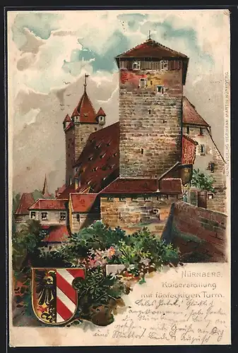 Lithographie Nürnberg, Kaiserstallung mit fünfeckigem Turm, Wappen