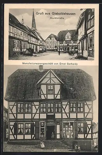 AK Gieboldehausen, Manufacturwarengeschäft von Ernst Gerhardy, Marktstrasse mit Fachwerkbauten