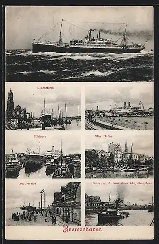 AK Bremerhaven, Leuchtturm, Alter Hafen, Schleuse, Lloyd-Halle, Passagierschiff auf hoher See