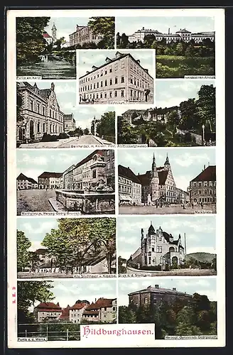 AK Hildburghausen, Partie am Kanal, Technikum, Marktplatz, Blick n. d. Stadtberg, Partie a. d. Werra