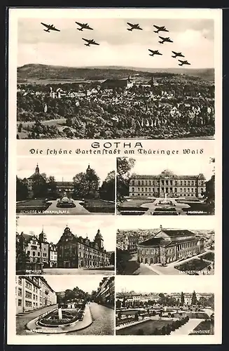 AK Gotha, Ortsansicht, Schloss und Denkmalplatz, Museum, Landestheater, Wasserkünste und Orangerie