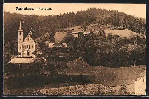 AK Johannisbad / Böhmen, Kath. Kirche mit Umgebung
