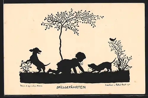 Künstler-AK Marta Sachse-Schubert: Schattenschnitt, Spielgefährten, Kind mit Hunden im Garten