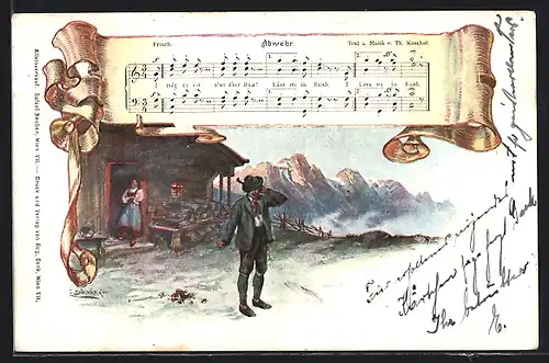 Künstler-AK E. Döcker: Lied Abwehr, Text- und Notenzeilen von Th. Koschat