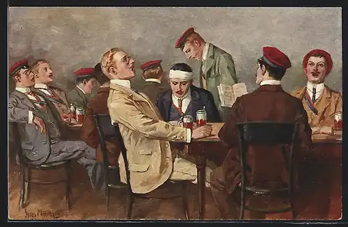 Künstler-AK Georg Mühlberg: Cantus, Studenten sitzen zusammen am Tisch