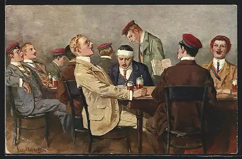 Künstler-AK Georg Mühlberg: Cantus, Studenten sitzen zusammen am Tisch