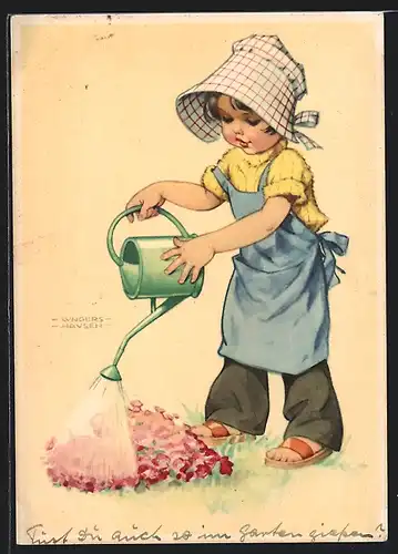 Künstler-AK Lungers Hausen: Mädchen giesst Blumenbeet