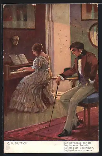 Künstler-AK C.V.Muttich: Beethovens Sonate, Mann mit Stpck lauscht einer Frau beim Klavier spielen
