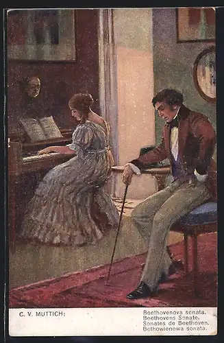 Künstler-AK C.V.Muttich: Beethovens Sonate, Frau spielt am Klavier, Mann hört konzentriert zu