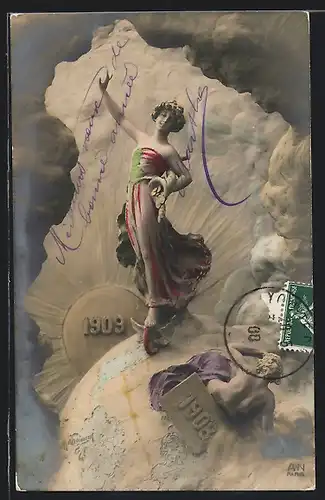Künstler-AK Domenico Mastroianni: Frau mit Geldmünzen im Horn auf Weltkugel, 1908-09