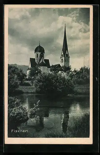 AK Fischen, Teilansicht mit Kirchturm