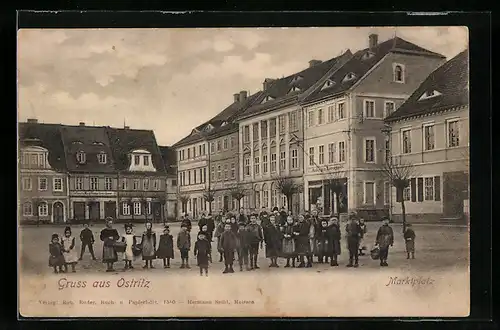 AK Ostritz, Marktplatz mit Handlung Adolph Leupolt