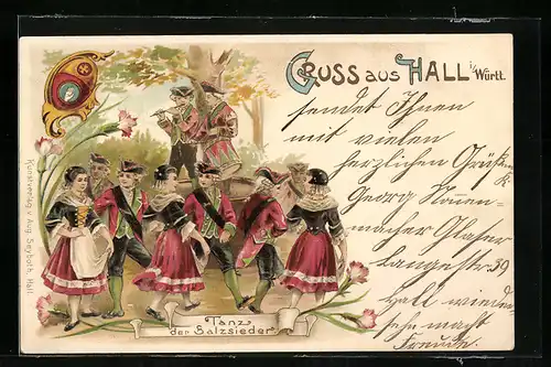 Lithographie Hall, Tanz der Salzsieder, Wappen