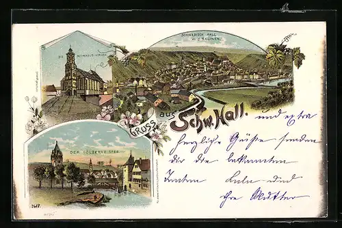 Lithographie Schw. Hall, Michaelis-Kirche, Ortsansicht