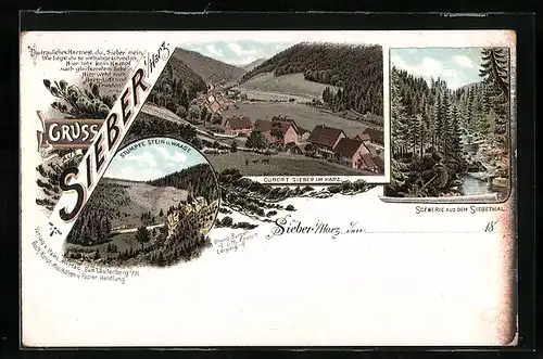 Lithographie Sieber / Harz, Stumpfe Stein und Waage, Bach-Idylle, Totalansicht