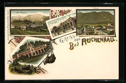 Lithographie Bad Reichenhall, Brunnenkapelle, Colonnade, Ansichten von Bad Kirchberg & St. Zeno