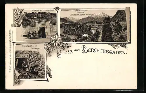 Lithographie Berchtesgaden, Salzbergwerk, Ansicht mit Watzmann