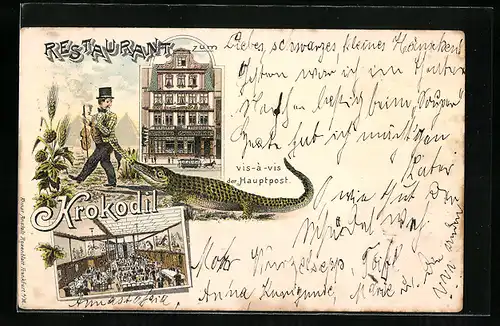 Lithographie Frankfurt a. M., Restaurant zum Krokodil, Aussen- und Innenansicht