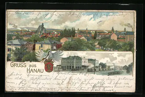 Lithographie Hanau, Bahnhof Hanau-Ost mit Eisenbahn und Gesamtansicht aus der Vogelschau