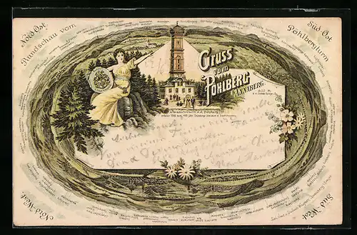 Lithographie Annaberg, Aussichtsturm auf dem Pöhlberg, Dame mit Wappen, Landkarte Umgebung aus allen Himmelsrichtungen