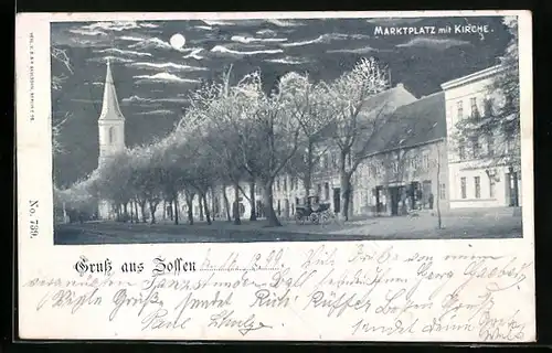 Mondschein-AK Zossen, Marktplatz mit Kirche