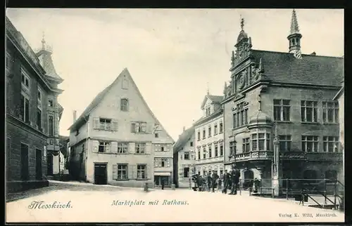 AK Messkirch, Marktplatz mit Rathaus und Anwohnern