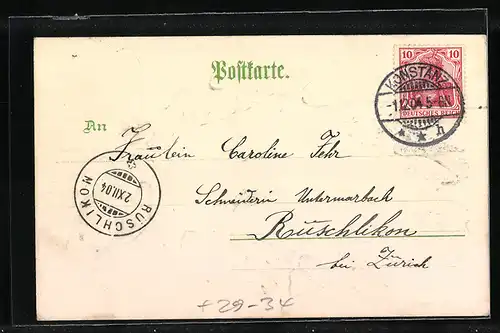 Passepartout-Lithographie Konstanz / Bodensee, Panorama im Eichenblatt