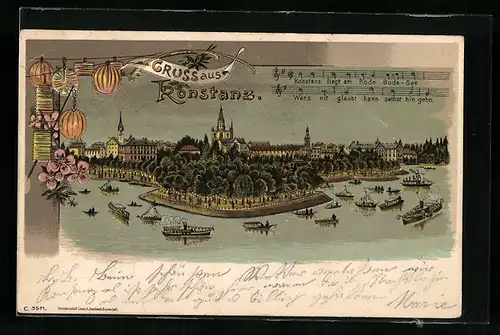 Lithographie Konstanz, Ortsansicht vom Bodensee aus, Dampfschiffe und Lampions