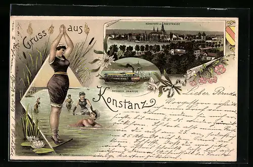 Lithographie Konstanz, Ortsansicht von der Seestrasse, Bodensee-Dampfer, Badende im Bodensee