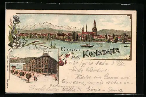 Lithographie Konstanz / Bodensee, Hotel Schönebeck, Totalansicht