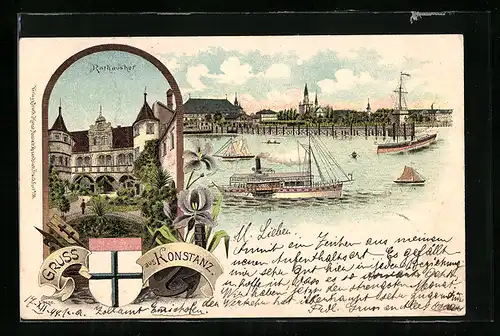 Lithographie Konstanz, Blick in den Rathaushof, Dampfer an der Hafeneinfahrt