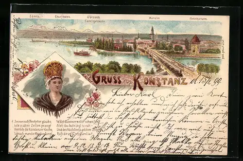 Lithographie Konstanz / Bodensee, Panorama, Frau in Tracht