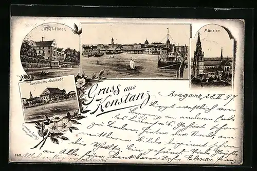 Lithographie Konstanz, Totalansicht, Münster, Insel-Hotel