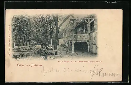 AK Berlin-Halensee, Carl Saeger in Begleitung auf einer Gartenterrasse sitzend, Inh. d. Concordia-Festsäle