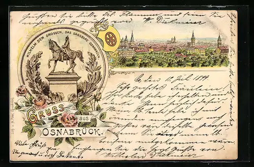 Lithographie Osnabrück, Gesamtansicht, Wappen, Denkmal Wilhelm d. Grosse