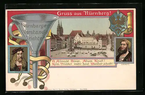 Lithographie Nürnberg, Stadtansicht, Portraits Albrecht Dürer, Adam Kraft, Wappen