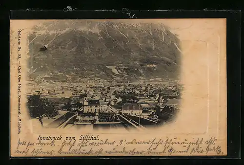 Holzbrand-Imitations-AK Innsbruck, Panorama vom Sillthal aus gesehen