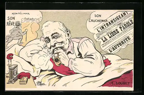 Künstler-AK sign. G. Lion: Karikatur des franz. Politikers Emile Loubet mit Pfeife im Bett liegend
