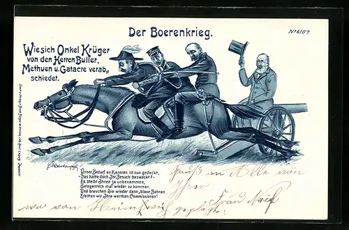 Künstler-AK Erich Kleinhempel: Boerenkrieg, Wie sich Onkel Krüger von den Herren Buller, Methuen & Gatacre verabschiedet