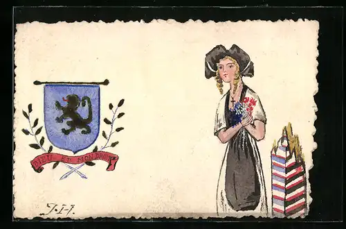 Künstler-AK Handgemalt: Fräulein in elsass-lothringischer Tracht, Wappen Dieu et Mondroit