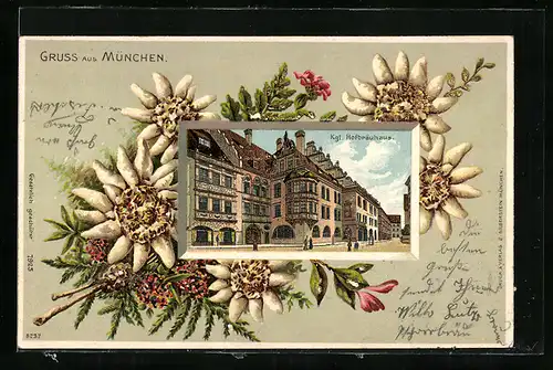 Passepartout-Lithographie München, Kgl. Hofbräuhaus mit Edelweiss