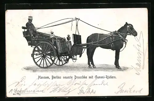 AK Berlin, Hansom, Pferdekutsche mit Gummirädern