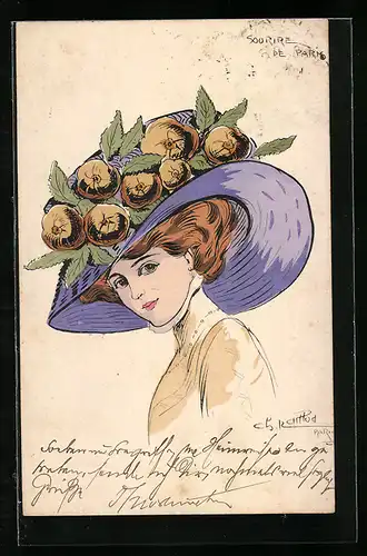 Künstler-AK Charles Naillod: Schöne Frau mit grossem Hut im Portrait